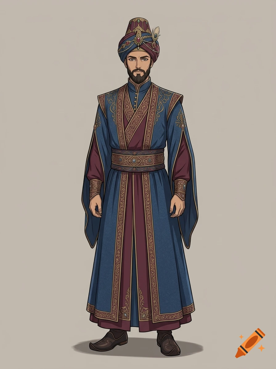 Full-body anime style illustration of a sultan in traditional 13th-century blue and maroon robes with a decorated turban, standing against a neutral background.