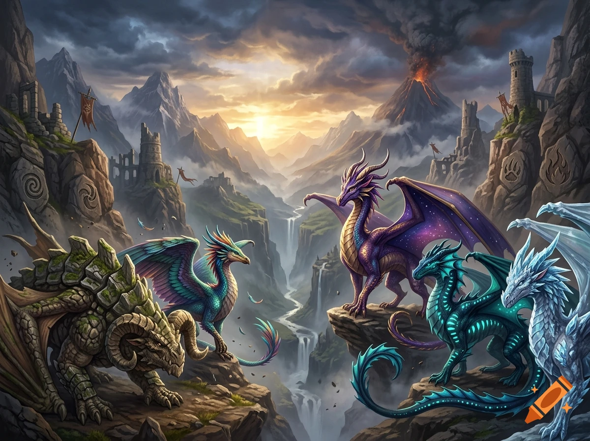 Digital illustration of various colorful dragons perched on cliffs in a mountainous landscape with a volcano in the background.