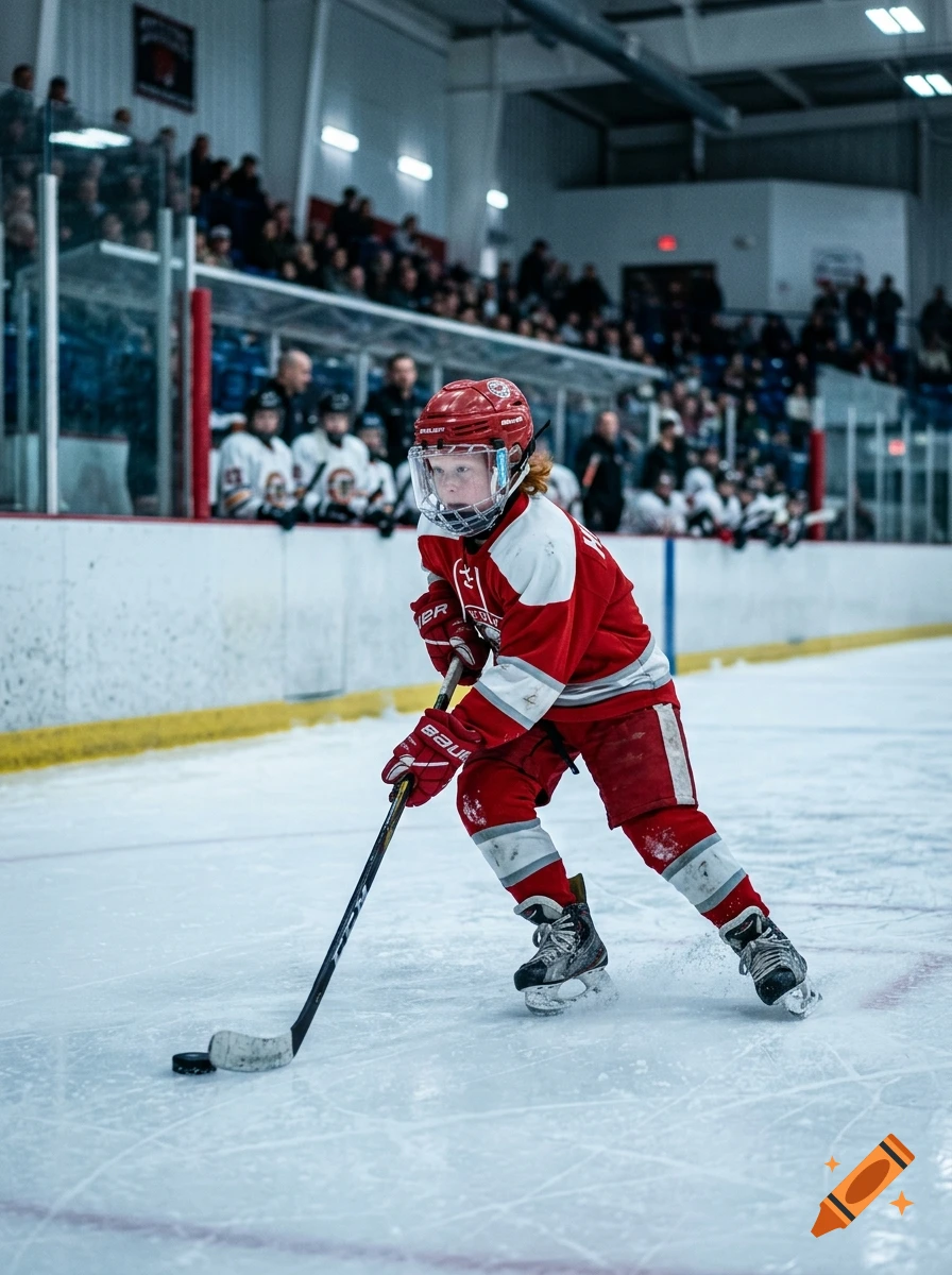A young boy in red hockey gear skating on an indoor ice rink, holding a hockey stick and looking at the puck.