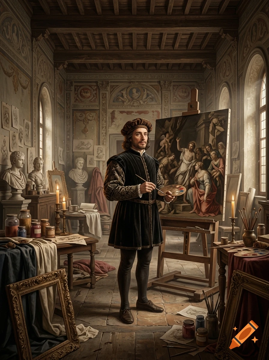 Renaissance painter holding a brush and palette in a historic art studio with paintings and sculptures.