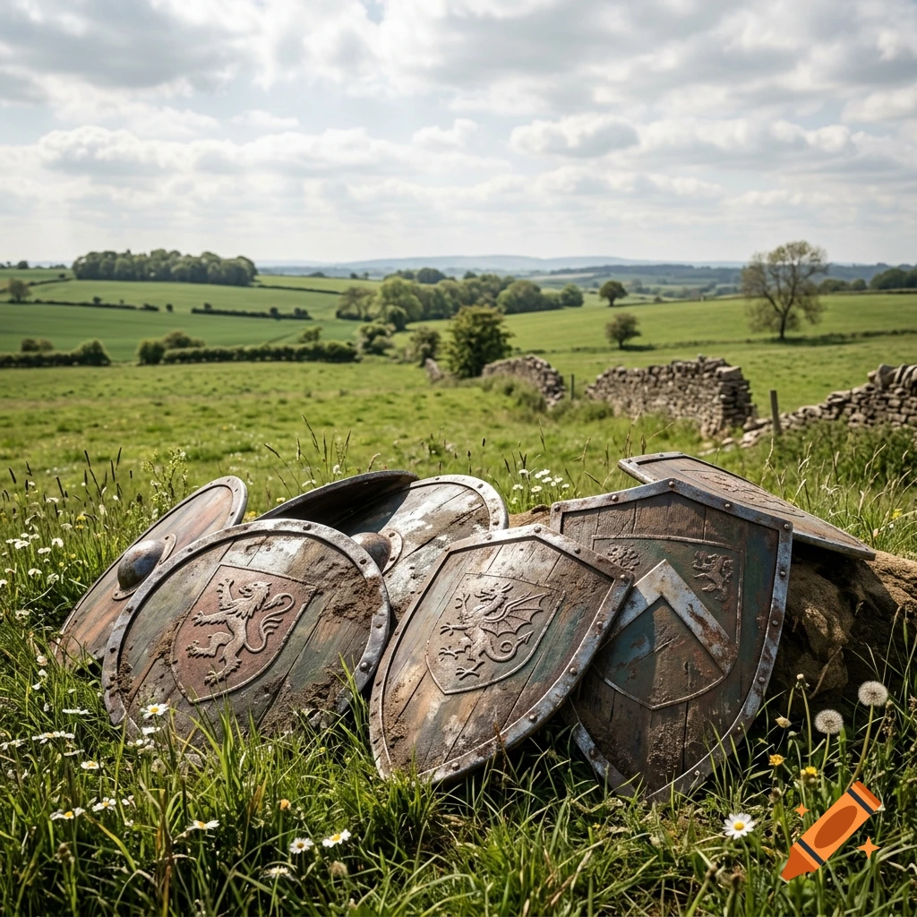 Several weathered medieval shields with heraldic designs resting in a grassy field under a cloudy sky.