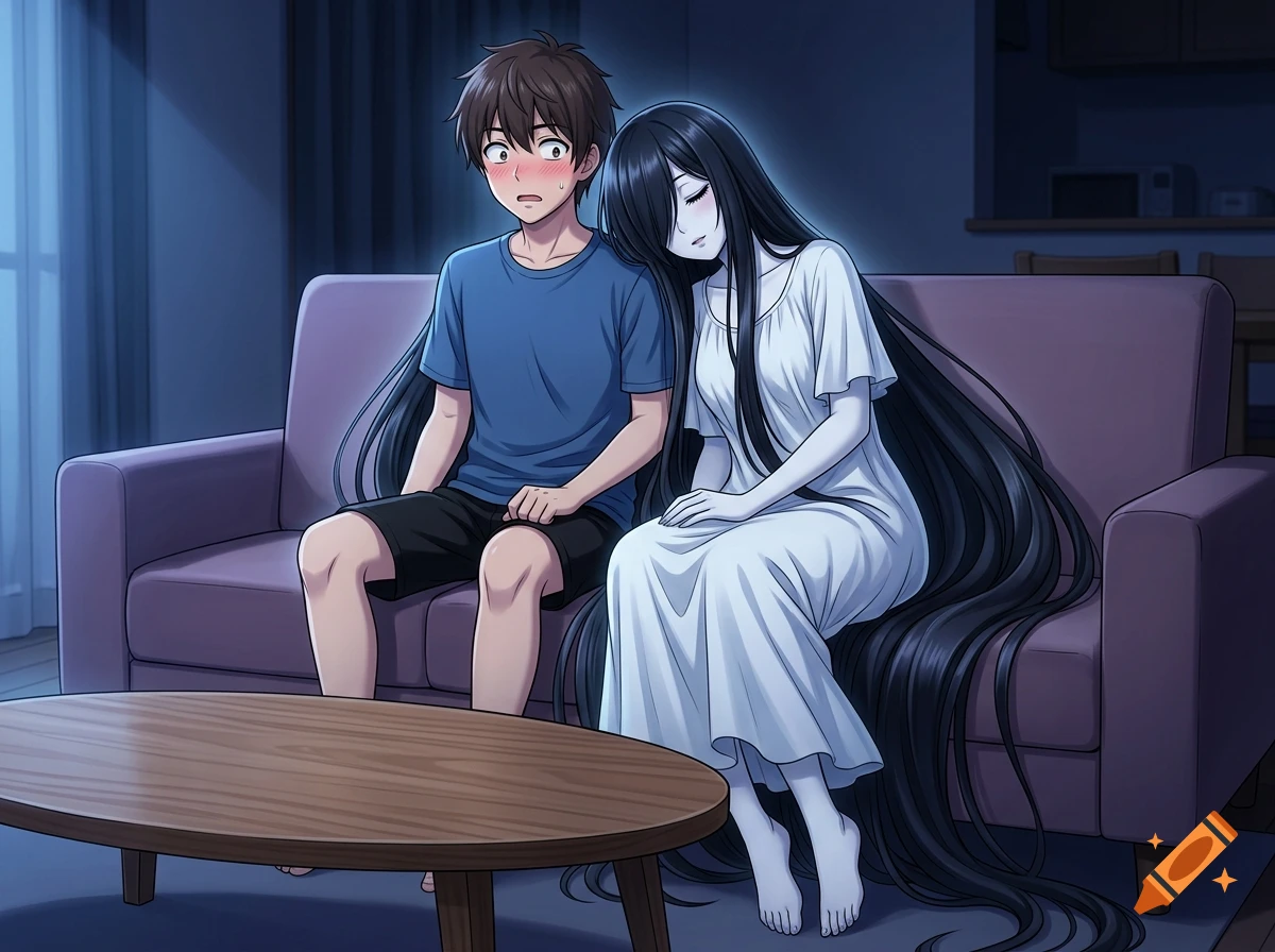 Anime style illustration of a pale ghost woman resting her head on a shocked young man's shoulder on a couch in a dark blue living room.