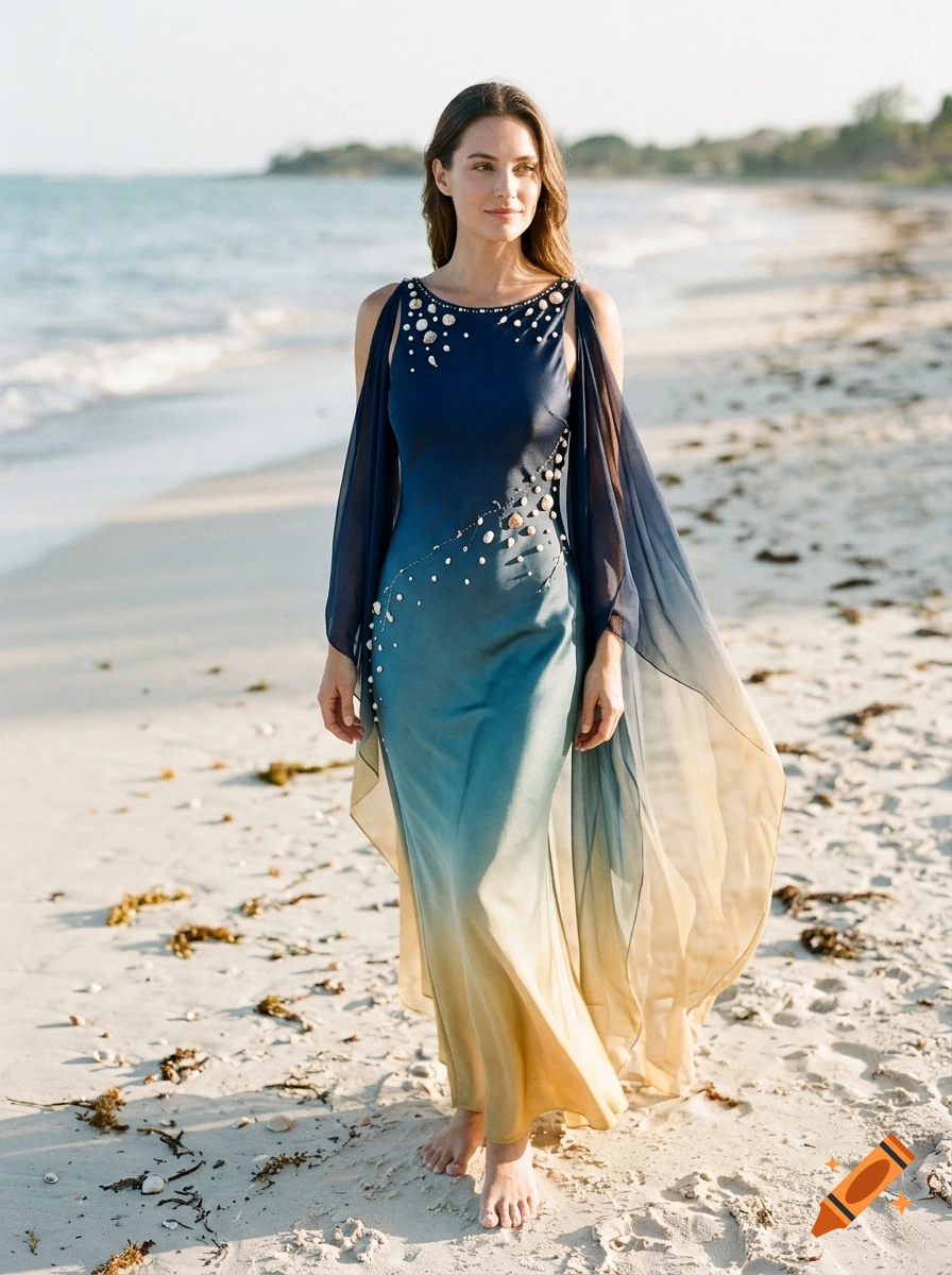 A woman stands on a sandy beach wearing a flowing ombré gown adorned with seashell details.