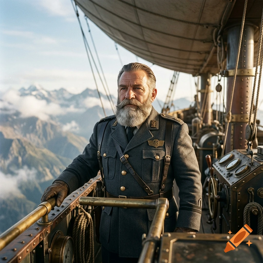 Photorealistic medium shot of a dwarf airship commander with a grey uniform and salt-and-pepper beard, standing on a balloon's deck.