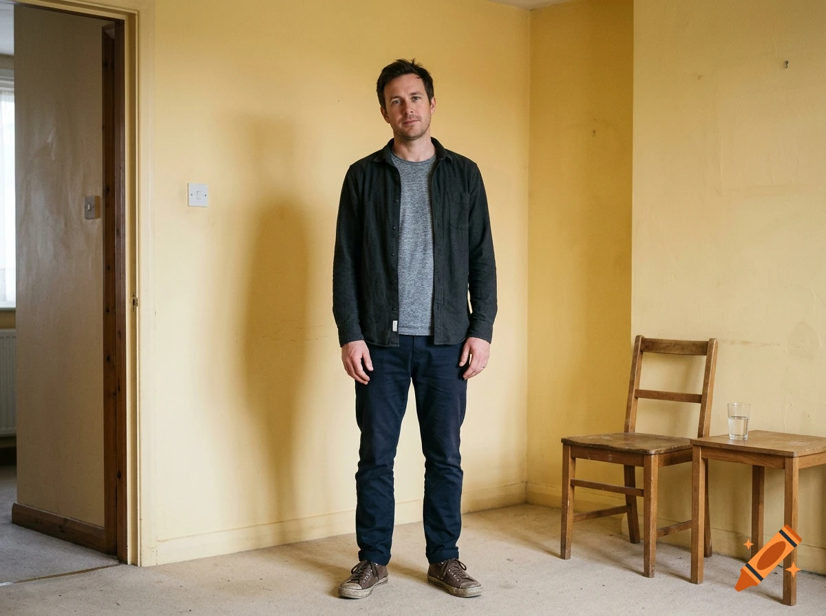 A man stands in an empty room with yellow walls, wearing a dark button-down shirt, grey t-shirt, and blue trousers, with a wooden chair and small table beside him.