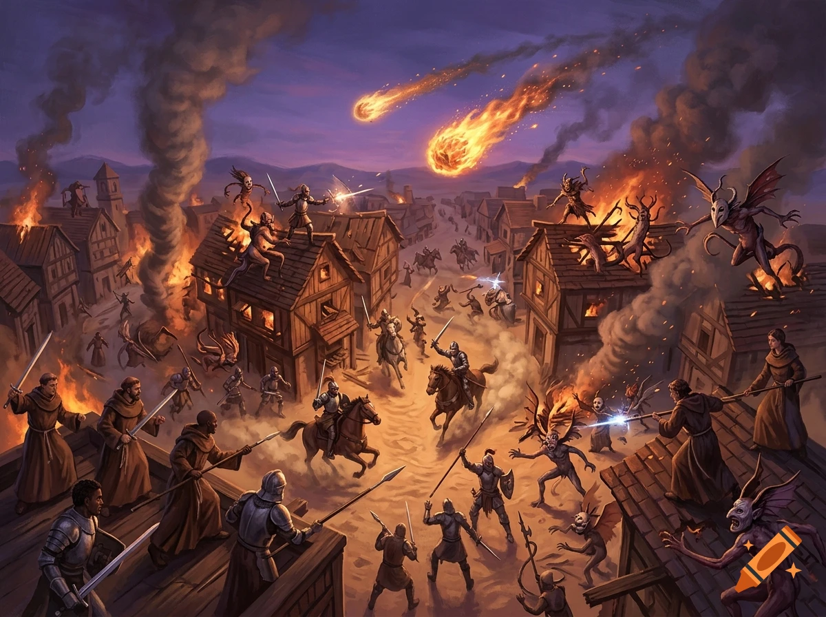 Fantasy digital illustration of a medieval town under attack by monsters with two fireballs in the twilight sky.