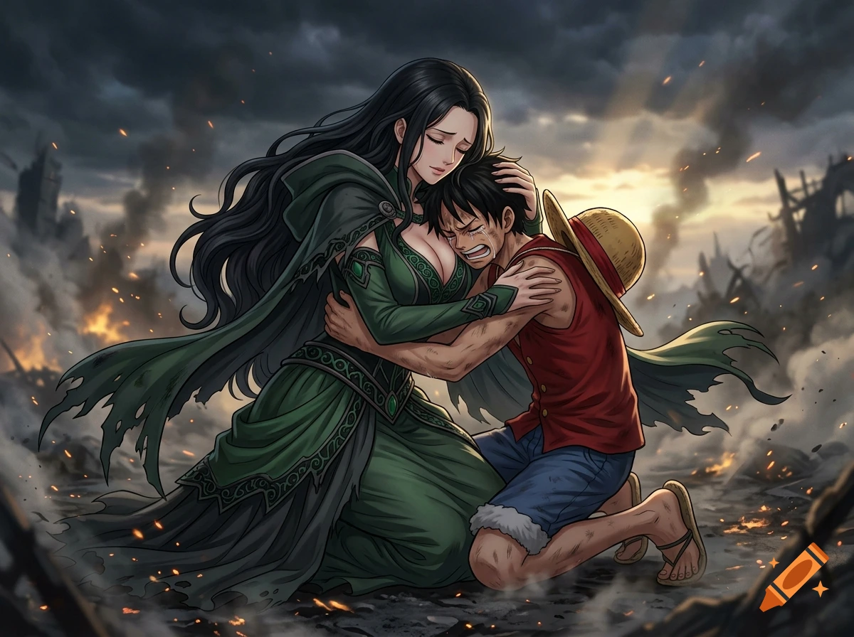Anime style illustration of a woman in a green gown comforting a crying Luffy kneeling in a ruined battlefield.
