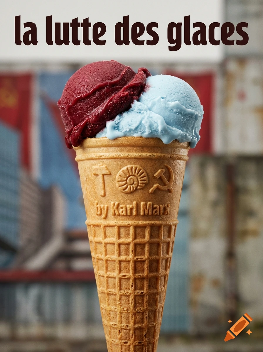 Photorealistic image of a waffle ice cream cone with two scoops of dark red and light blue gelato, featuring communist symbols and text.