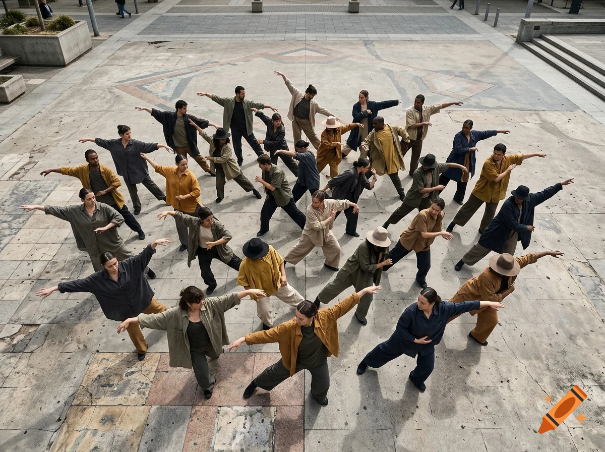 High-angle photorealistic view of a large group of dancers in loose clothing and hats performing in a paved plaza.