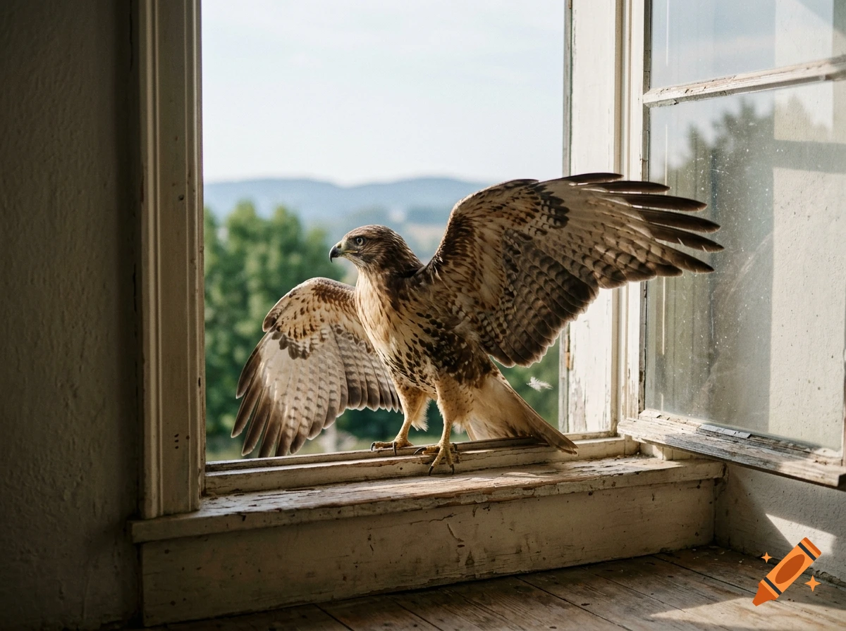 Photorealistic image of a hawk perched on an open window sill, spreading its wings with a blurred landscape in the background.