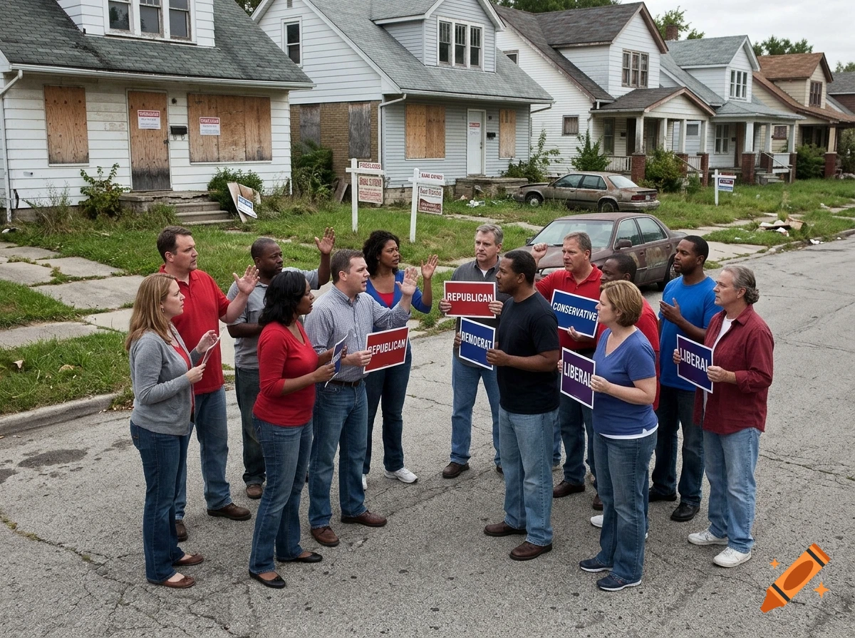 Photorealistic image of a diverse group of people arguing and holding political signs on a suburban street in front of foreclosed houses.