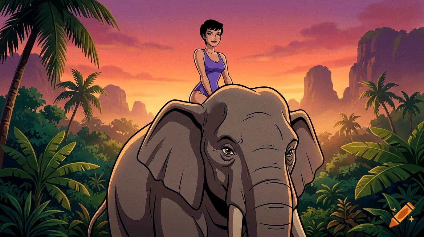 A woman riding an elephant in a lush jungle at sunset.