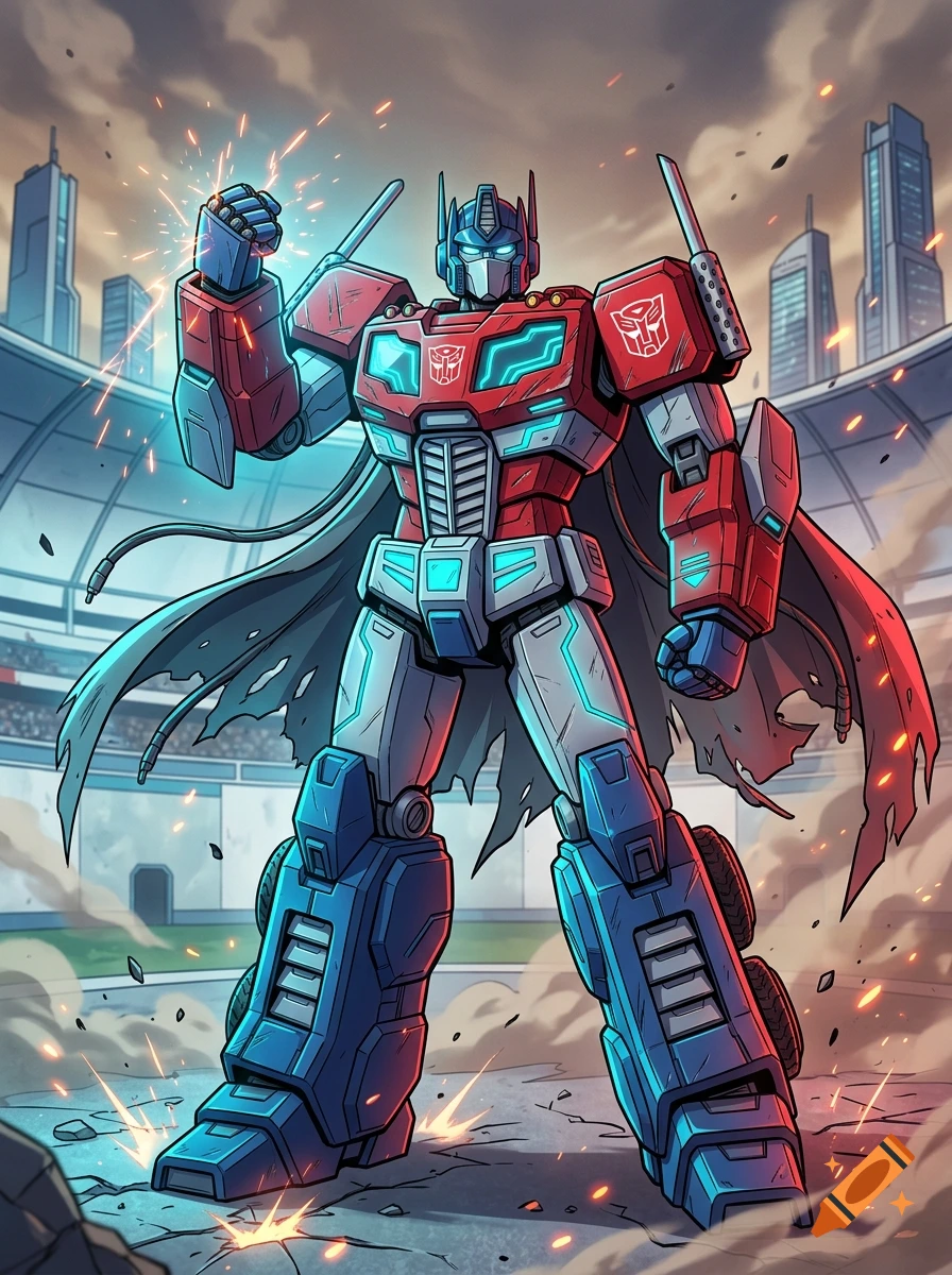 Anime-style illustration of Optimus Prime as a hero with a cape, standing in a stadium with sparks flying.
