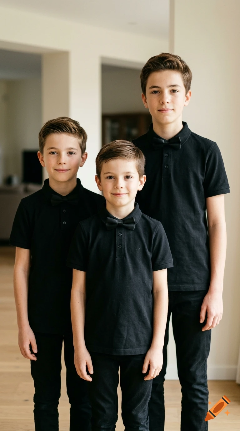 Photorealistic portrait of three young French boys standing indoors, wearing black polo shirts and bowties.