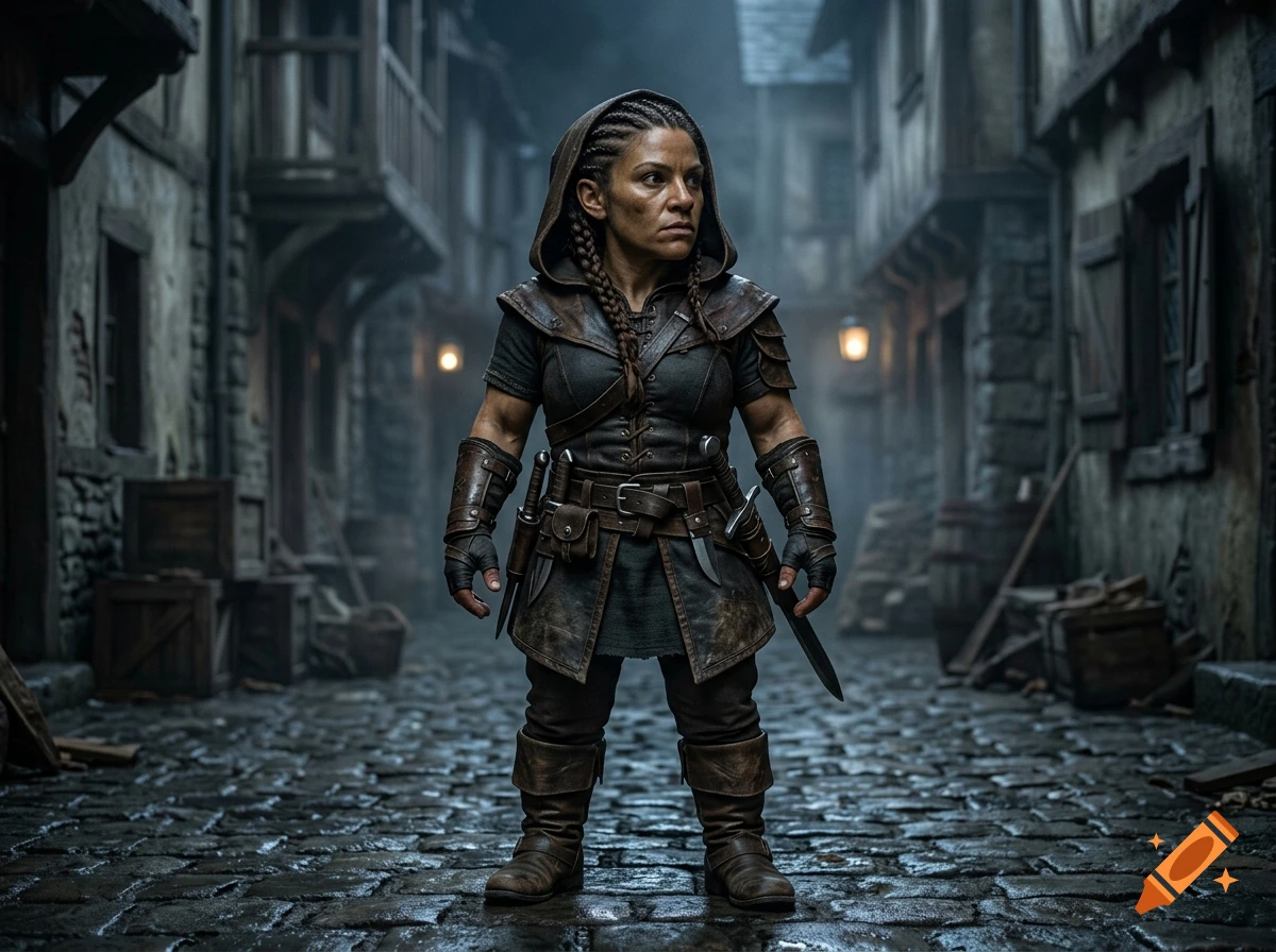 Photorealistic full-body shot of a female dwarf rogue in leather armor standing in a medieval alleyway.
