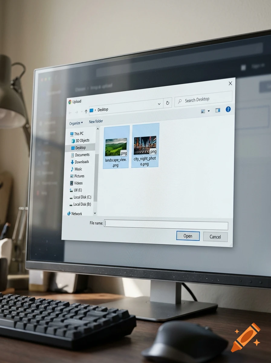 Close-up photorealistic shot of a desktop computer monitor displaying a file explorer window with two image files.
