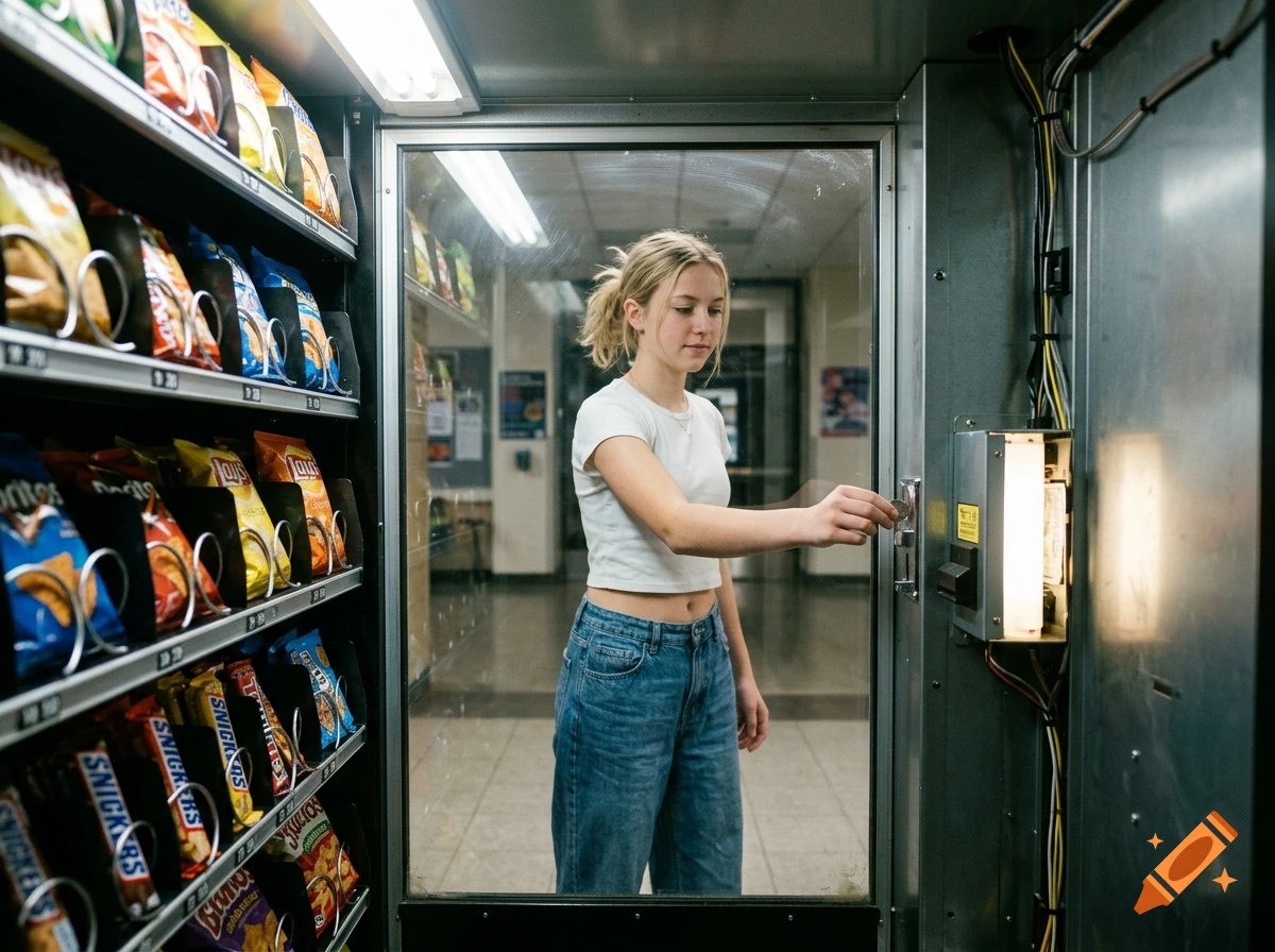 Photorealistic image of a teenage girl inserting a coin into a vending machine from the inside perspective.