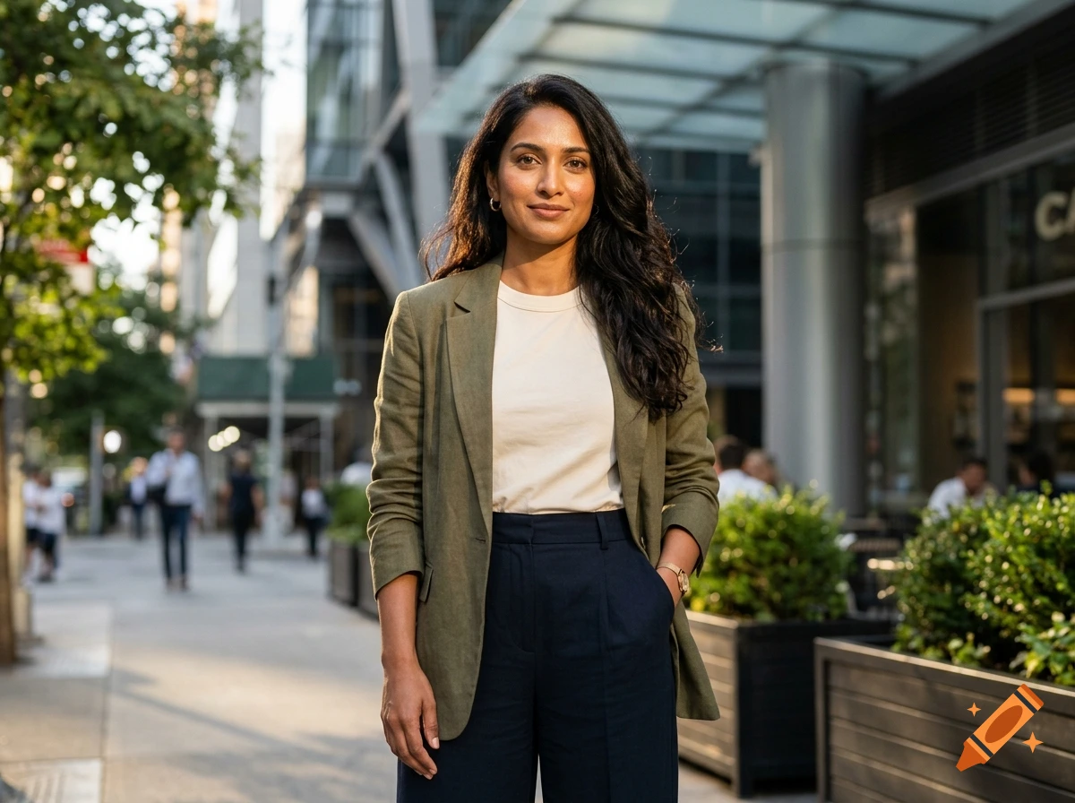 Photorealistic portrait of a smiling South Asian woman in a business casual blazer standing on a city street.