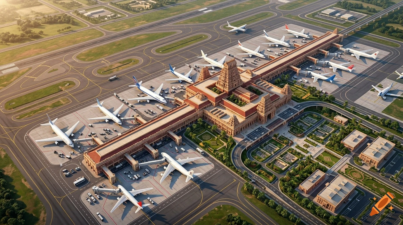Aerial view of a large traditional Tamil-style airport terminal with airplanes parked at gates, photorealistic.