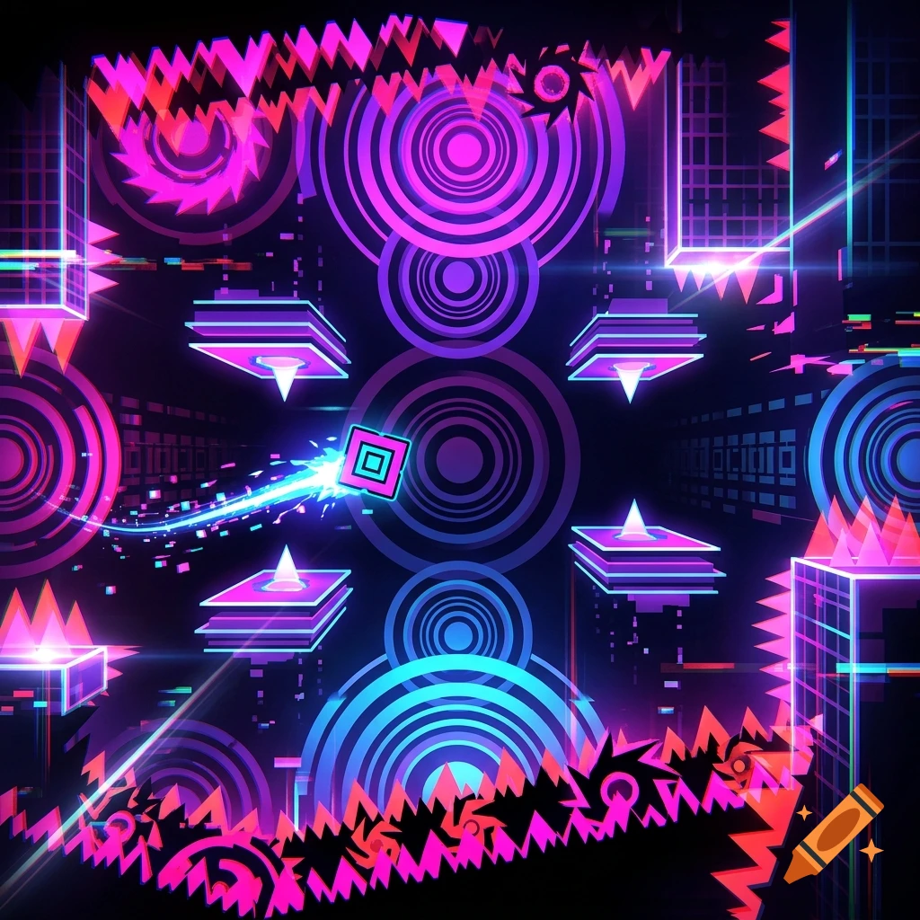 Neon purple and blue geometric obstacle course with glowing pink spikes and circles in a digital style.
