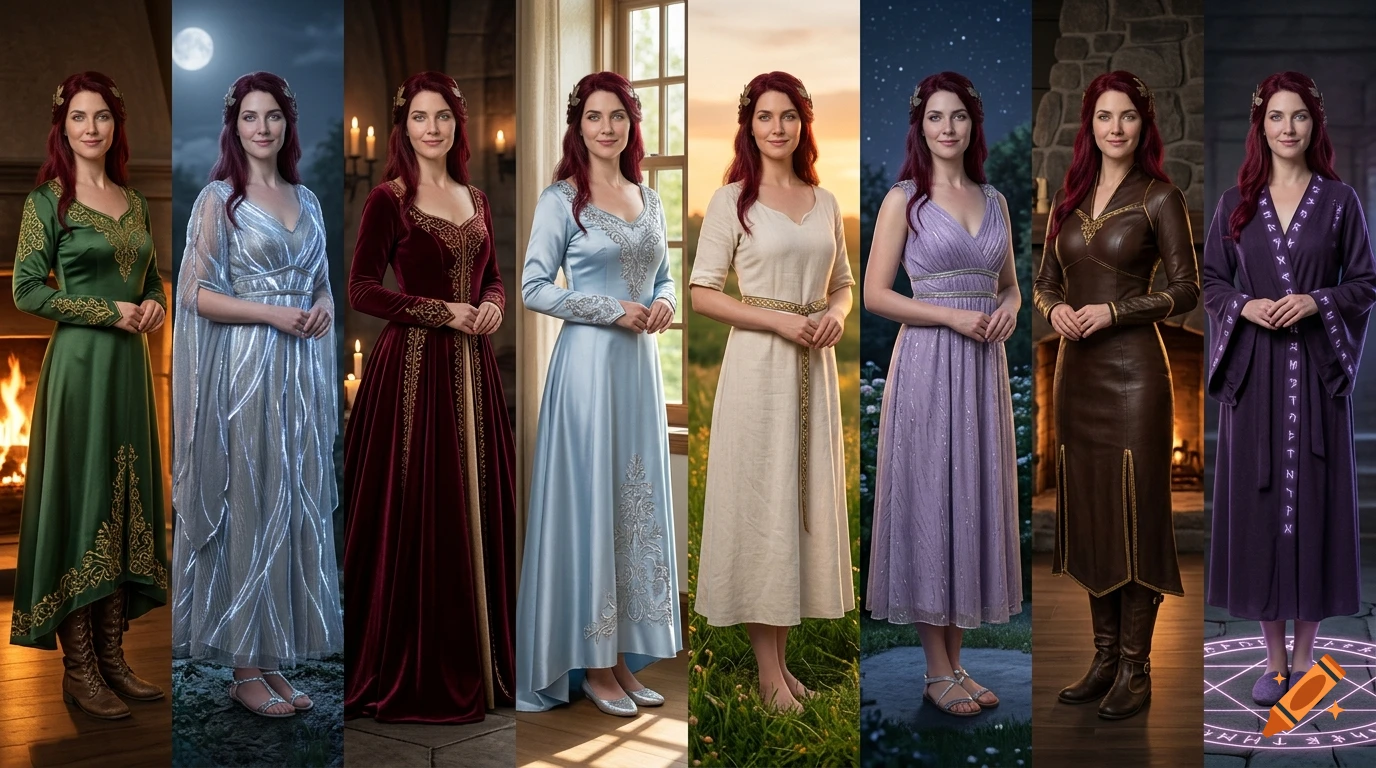 Panoramic photorealistic fantasy image of eight identical women standing in a row wearing different elegant historical gowns.