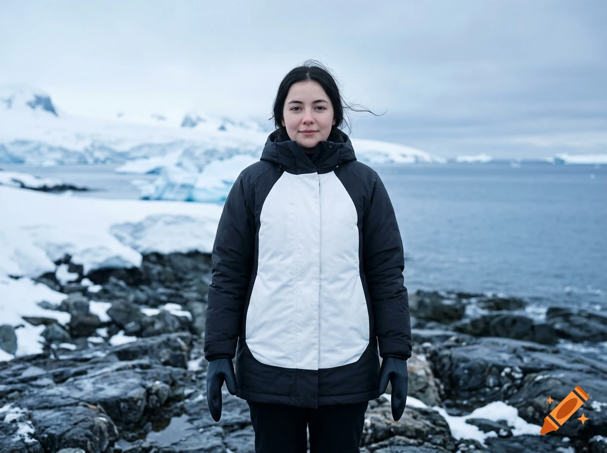 A woman wearing a penguin-patterned winter coat stands on a rocky, snowy shoreline with icy water and mountains in the background.