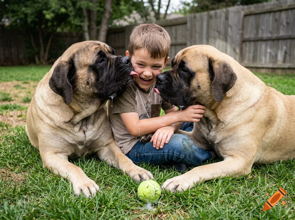 A young boy sitting in the grass, laughing while two large English Mastiffs lick his face and covered in saliva.