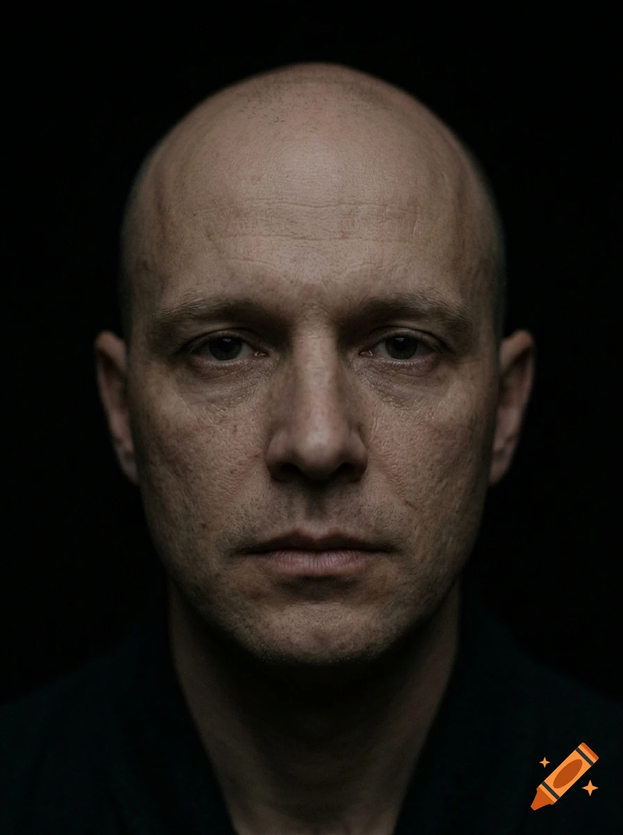 Photorealistic close-up portrait of a bald man staring with a neutral expression against a black background.