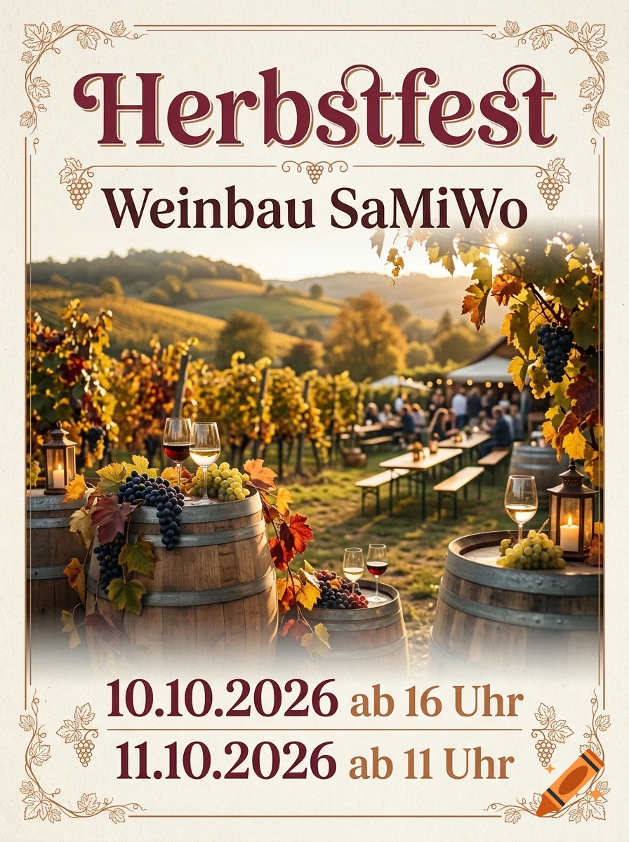 A promotional poster for 'Herbstfest' at Weinbau SaMiWo with a scenic vineyard background, wooden barrels, and wine glasses.