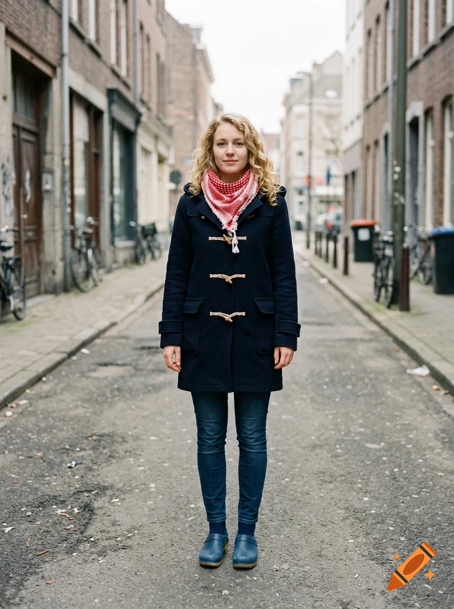 Photorealistic full-body shot of a young woman with blonde curly hair, wearing a dark blue duffle coat and jeans, standing in a narrow European street.