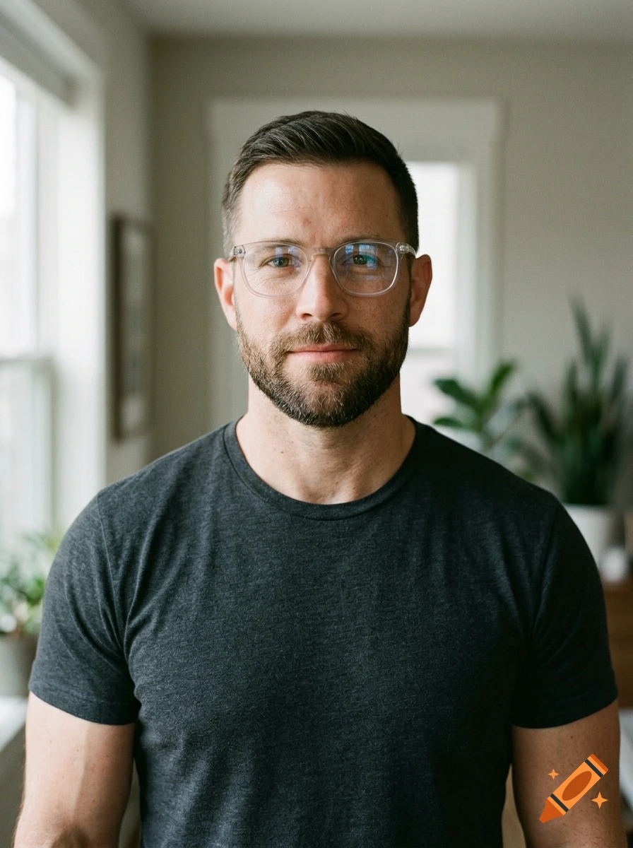 A portrait of a man with short brown hair, a beard, and clear-framed glasses, wearing a dark gray t-shirt.