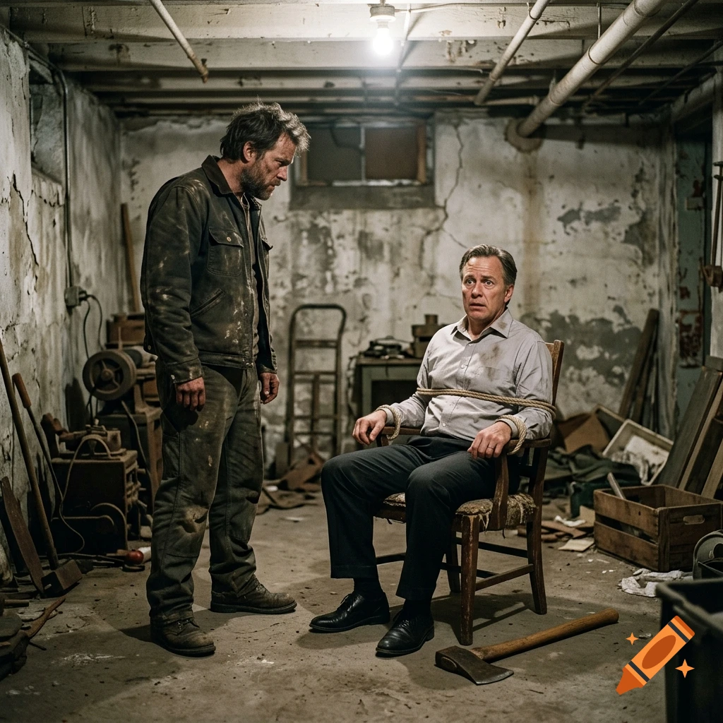 Photorealistic scene of a disheveled man standing over a bound man sitting on a chair in a dingy basement.