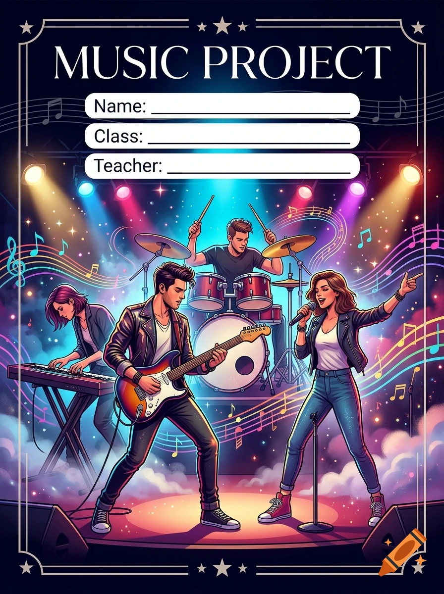 A colorful illustration featuring a band performing on stage, with the heading 'MUSIC PROJECT' and blank fields for Name, Class, and Teacher at the top.