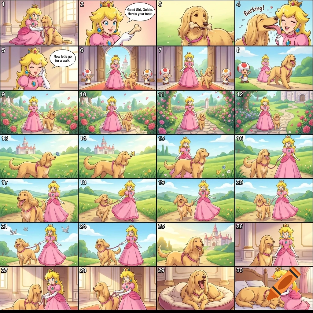Comic strip of Princess Peach walking her golden dog Goldie in a sunny castle garden.