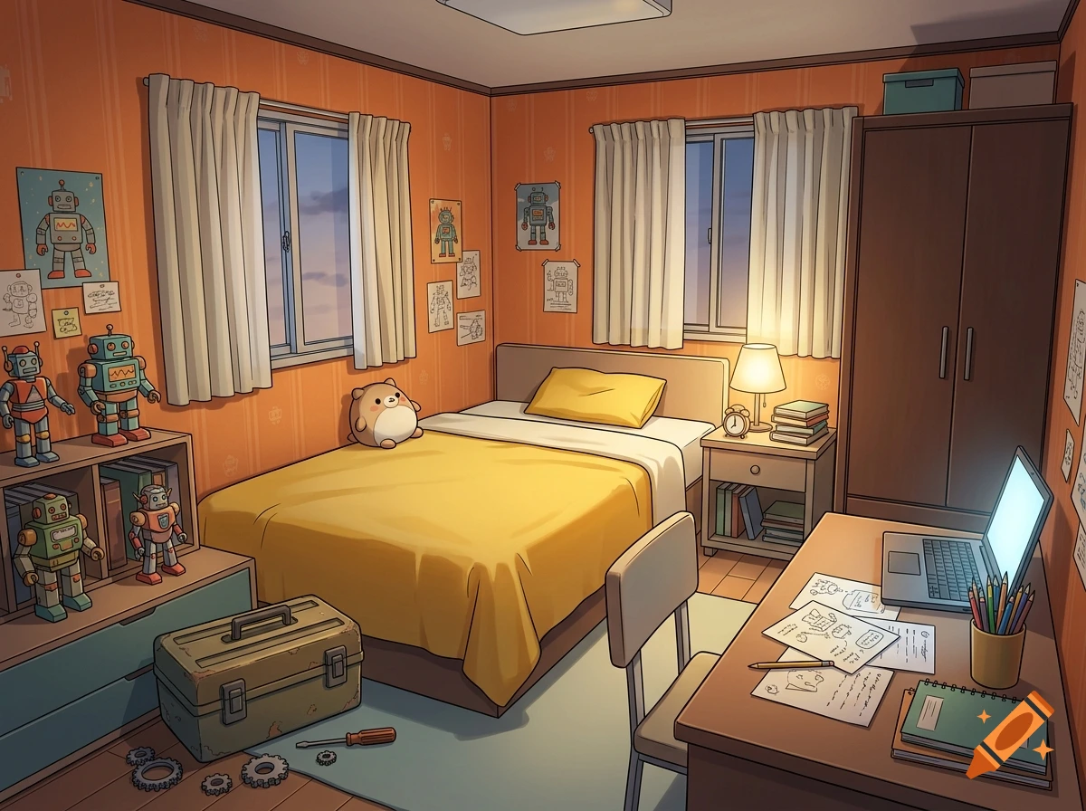 Anime style bedroom with orange wallpaper, yellow blanket, robot toys on shelves, and a desk with a laptop.