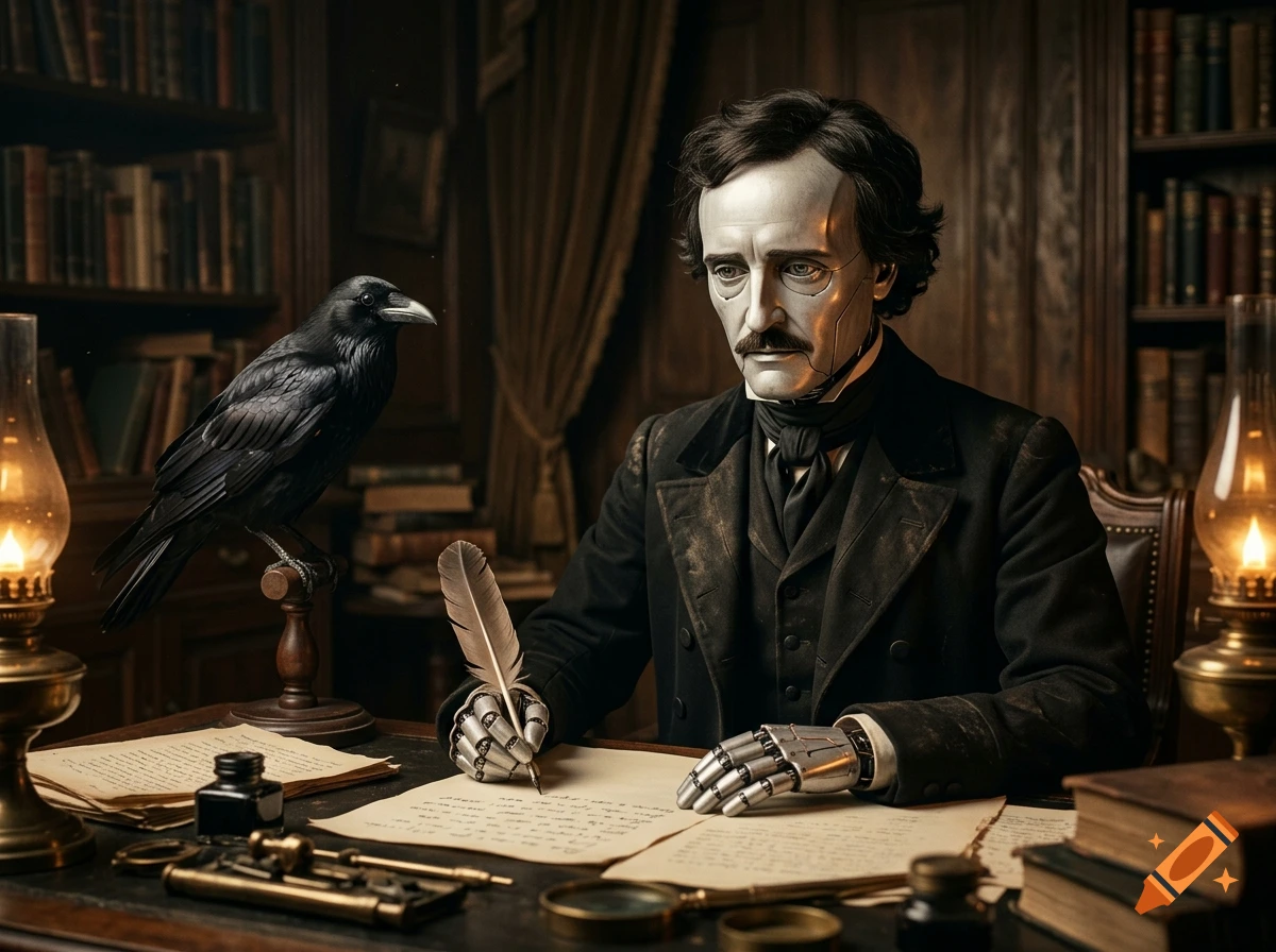 An Edgar Allan Poe robot with metal hands sitting at a desk writing with a quill, next to a raven in a library.
