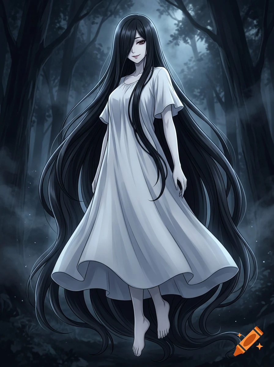 An anime-style female ghost character with long black hair and a white dress floating in a dark forest.