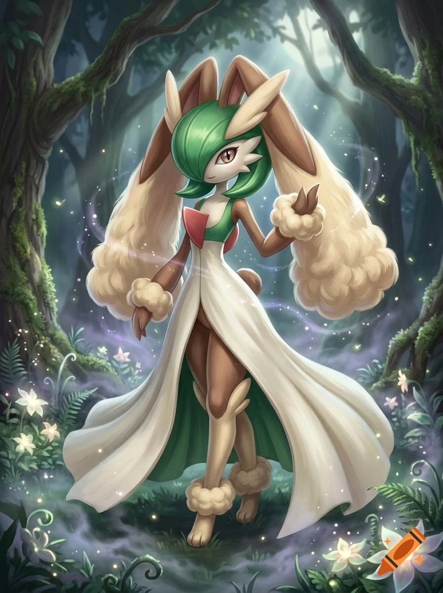 Digital painting of a hybrid creature combining Gardevoir and Lopunny standing in a magical forest.