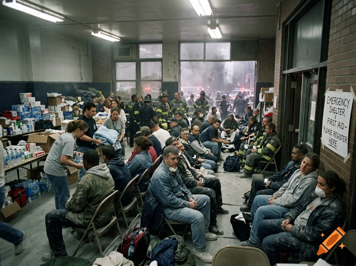 Crowded emergency shelter inside a building with people sitting and volunteers distributing supplies.
