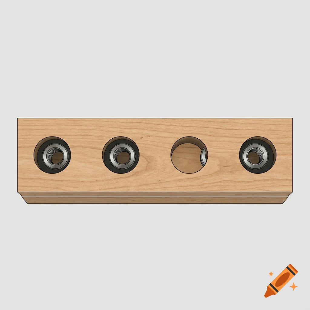 Technical illustration showing two stacked wooden beams with threaded metal inserts, with one alignment error in the third position.