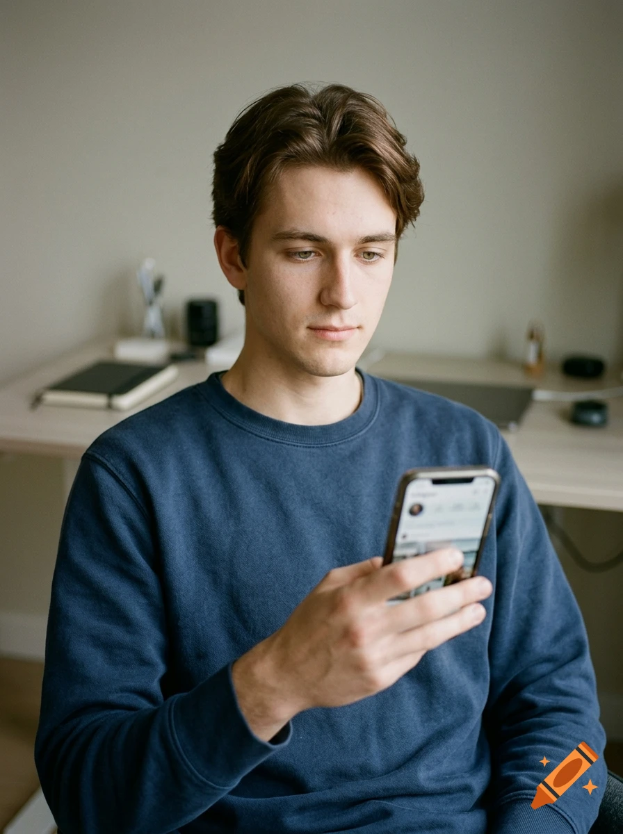 A young man with brown hair and a blue sweatshirt looking down at his smartphone in a room.