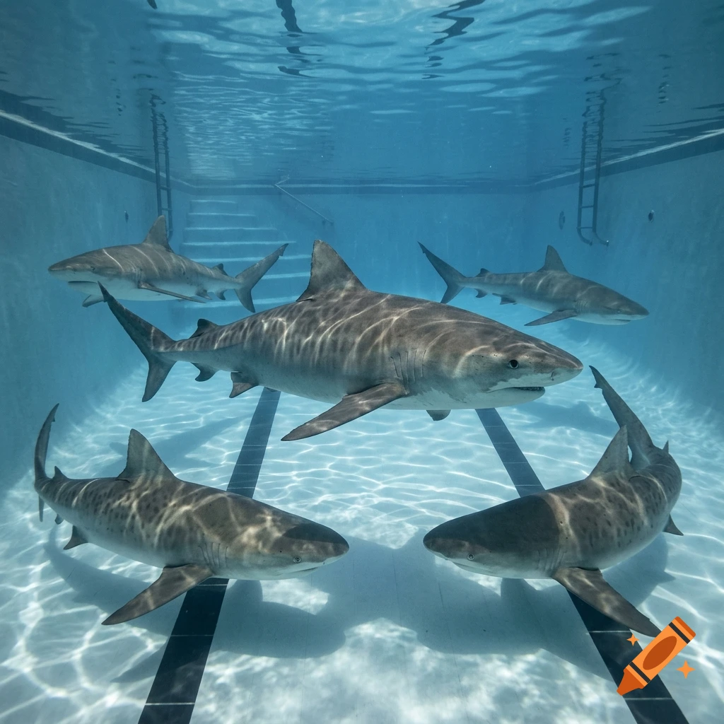 Several tiger sharks swimming together underwater inside an empty indoor swimming pool.