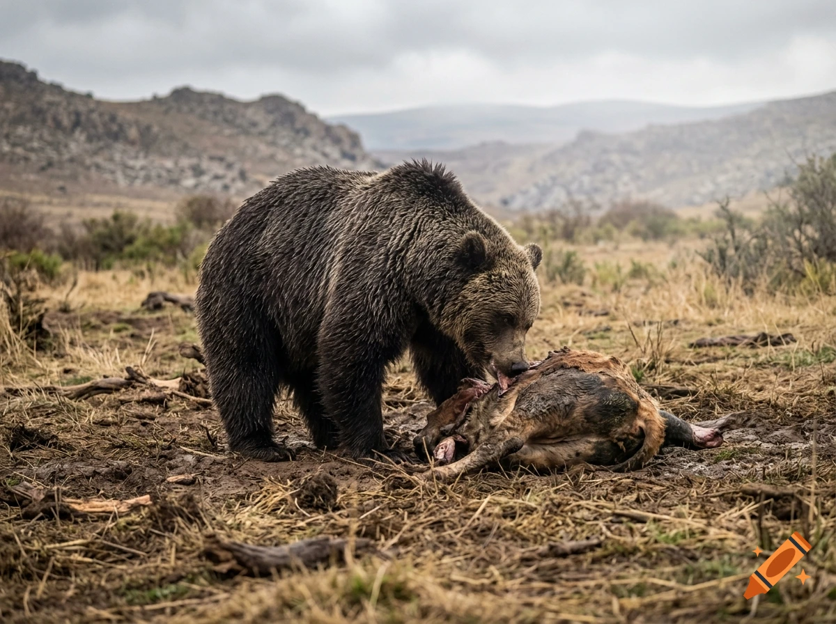 Photorealistic image of a brown bear feeding on the carcass of a dead animal in a barren landscape with mountains in the background.