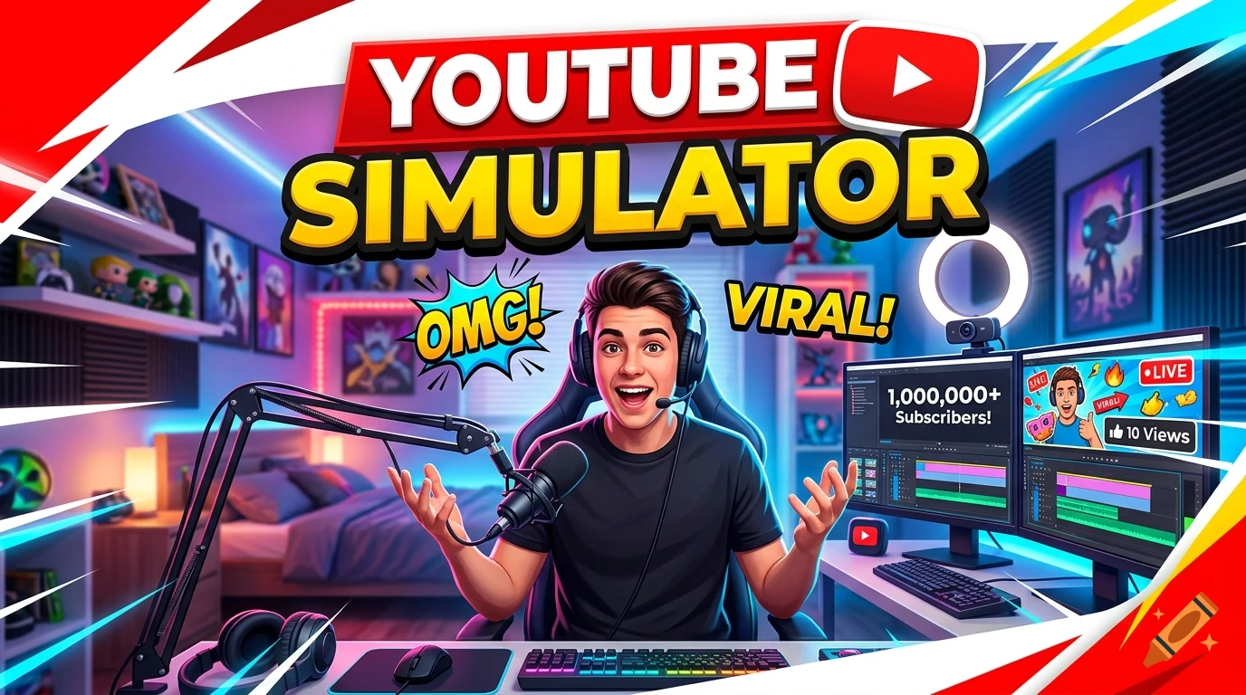 A smiling young man wearing headphones in a gaming setup with monitors displaying subscriber counts, designed like a YouTube thumbnail.