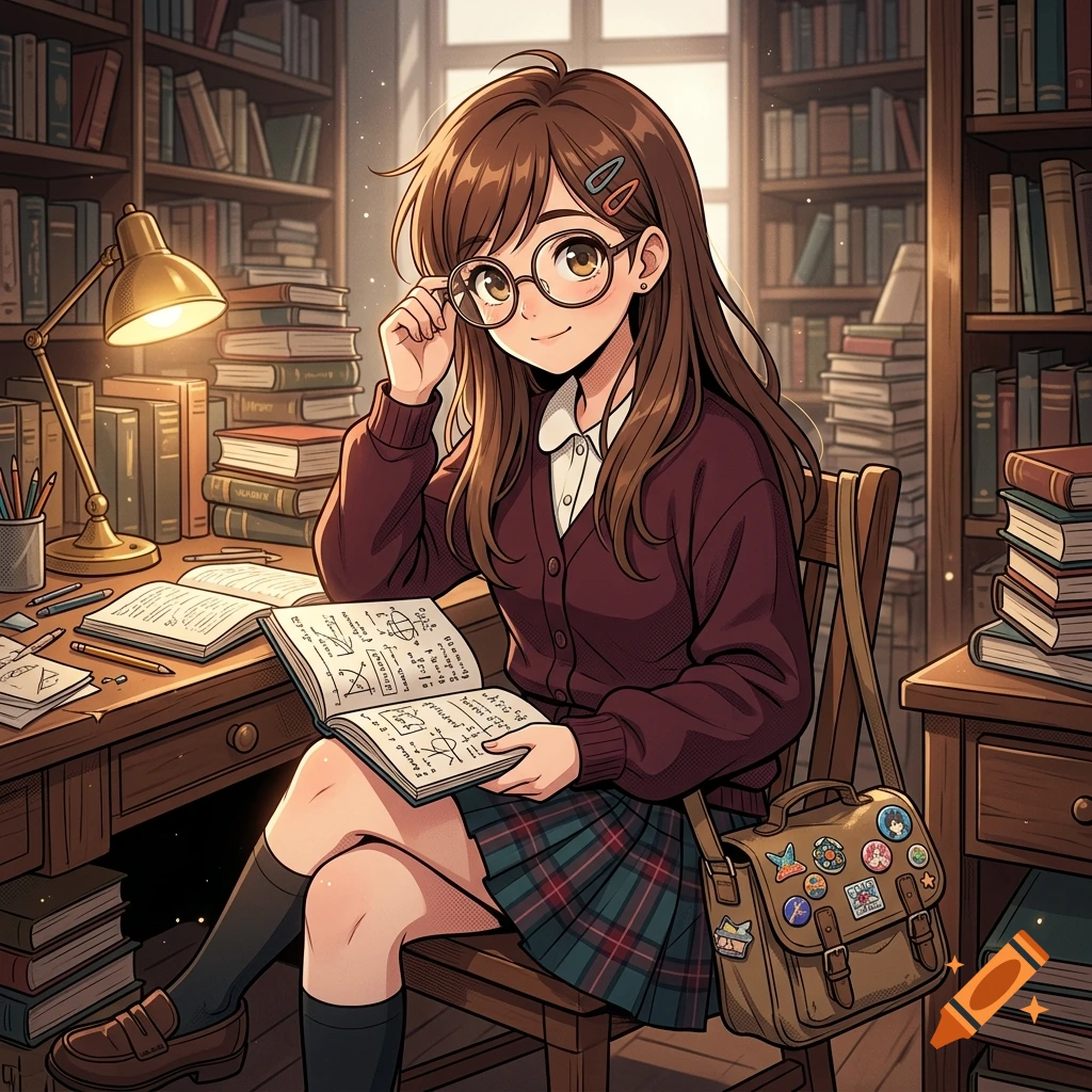 Anime style illustration of a smiling nerd girl wearing glasses and a school uniform, reading a math book in a library.