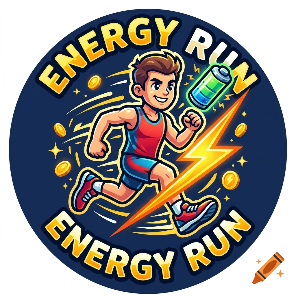 A cartoon logo of a man running with a glowing battery and energy bolt, featuring the text ENERGY RUN.