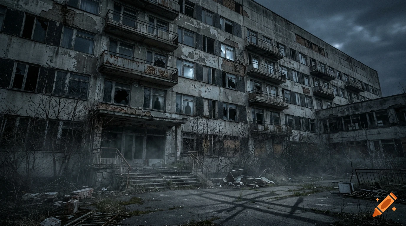 Chilling horror photography of a large, abandoned Soviet-style hospital at night with a faint silhouette in a window.