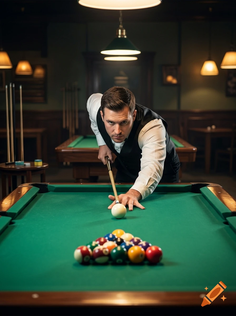 A photorealistic man in a vest lining up a shot on a green pool table in a dimly lit billiard room.
