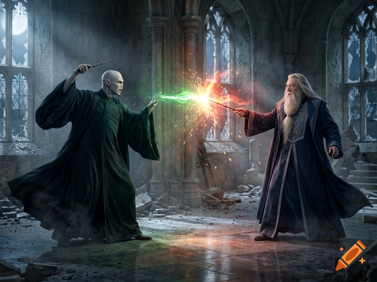 Photorealistic scene of Voldemort and Dumbledore dueling in a ruined castle, casting glowing green and red spells from their wands.