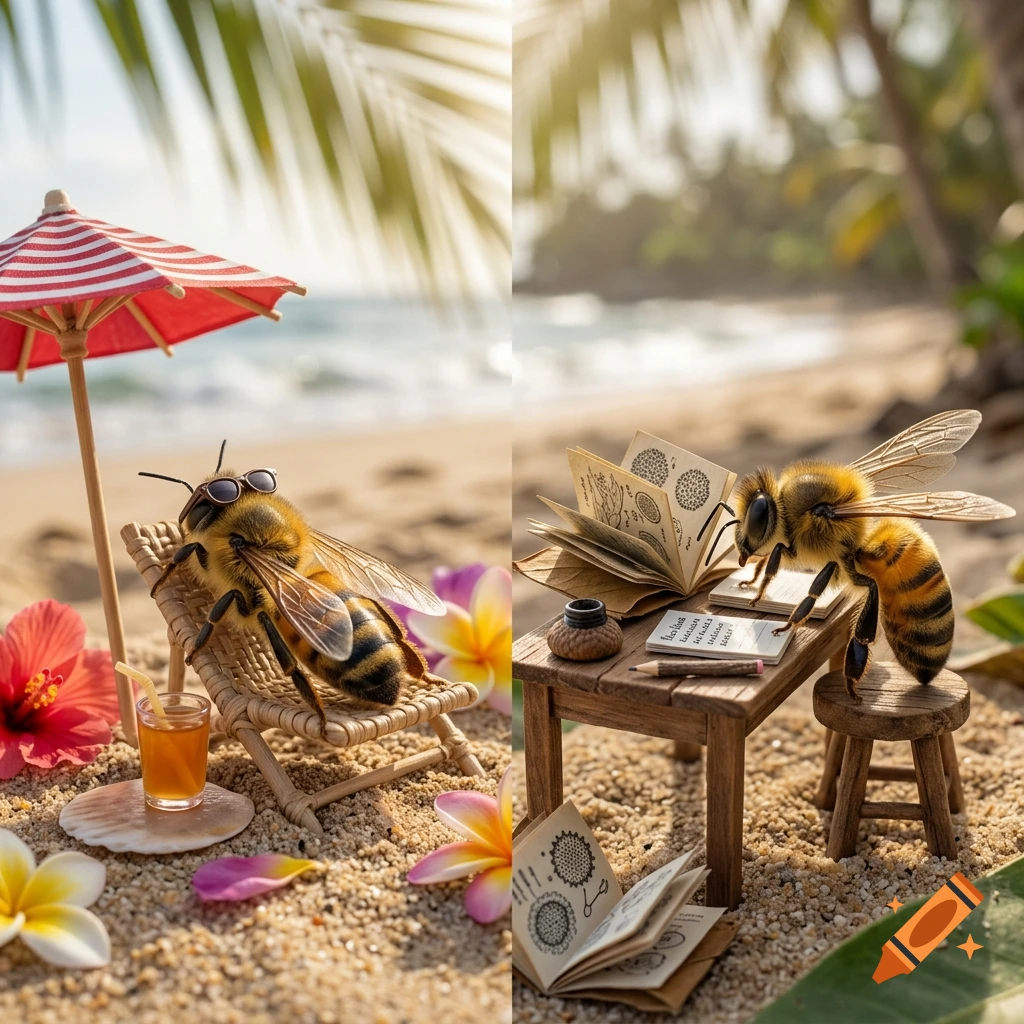 A detailed split image depicting a bee relaxing on a beach lounge chair under a red-and-white umbrella with a drink, and another bee studying books at a miniature wooden desk on the sand.